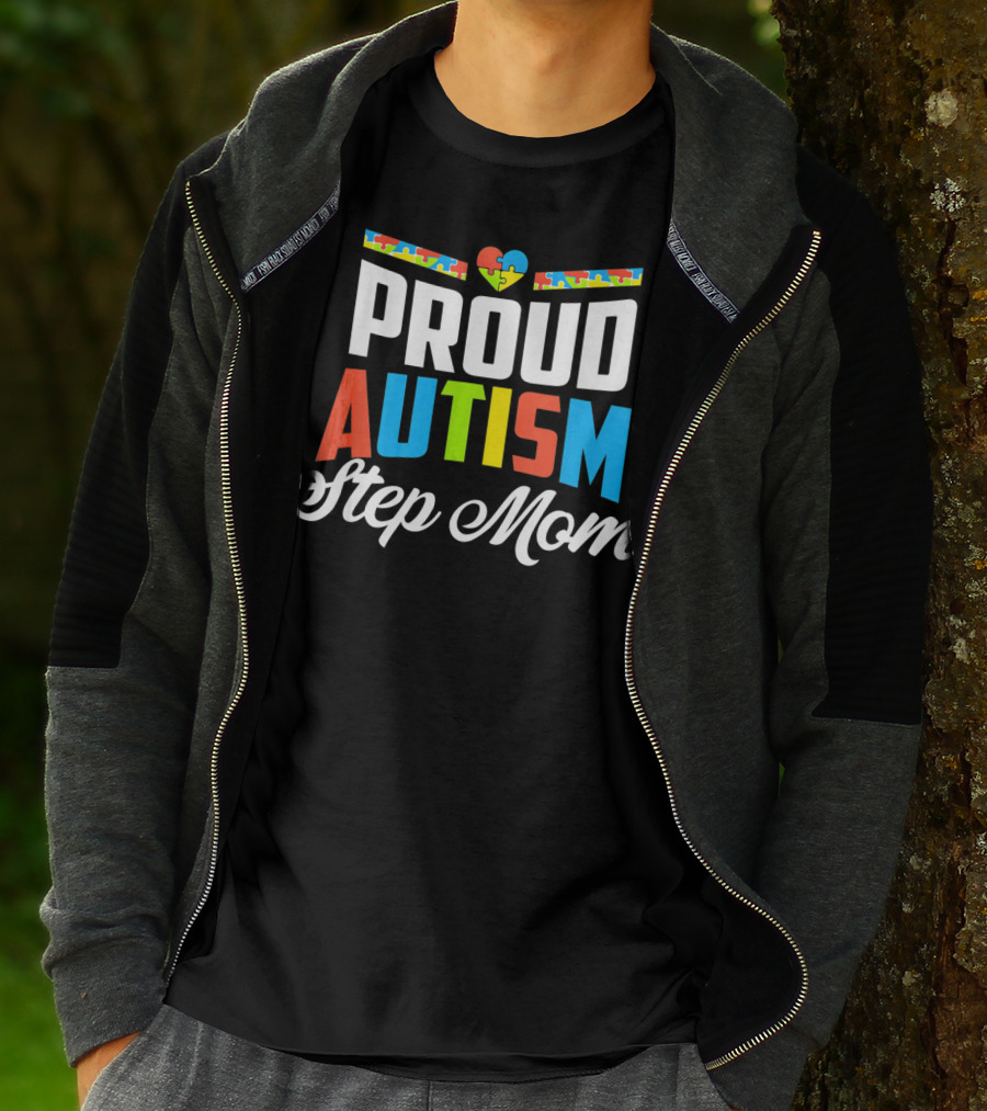 Proud Autism Awareness Support Step Mom With Puzzle Heart T-Shirt