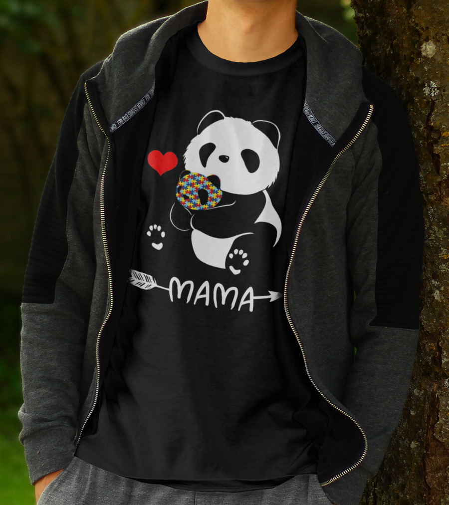 Mama Panda Bear Autism Awareness Heart Puzzle Support T-Shirt
