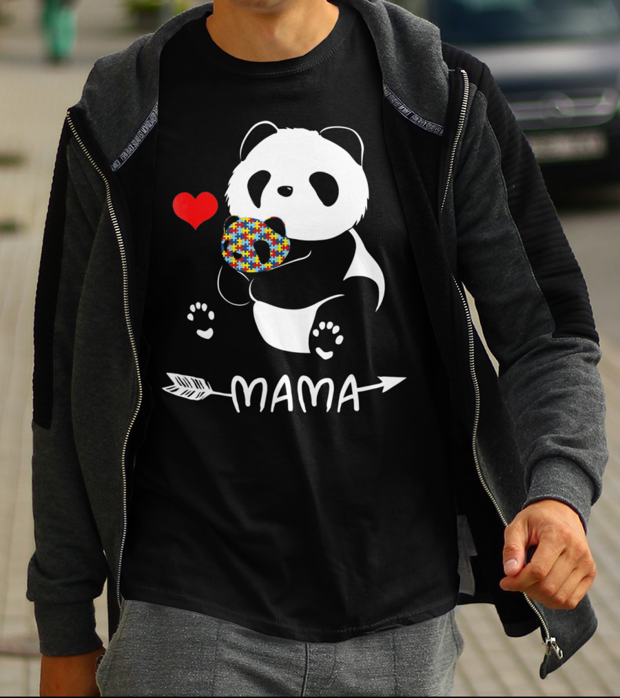Mama Panda Bear Autism Awareness Heart Puzzle Support T-Shirt