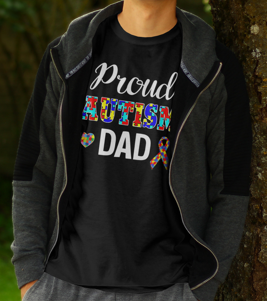 Proud Autism Dad With Puzzle Heart And Awareness T-Shirt