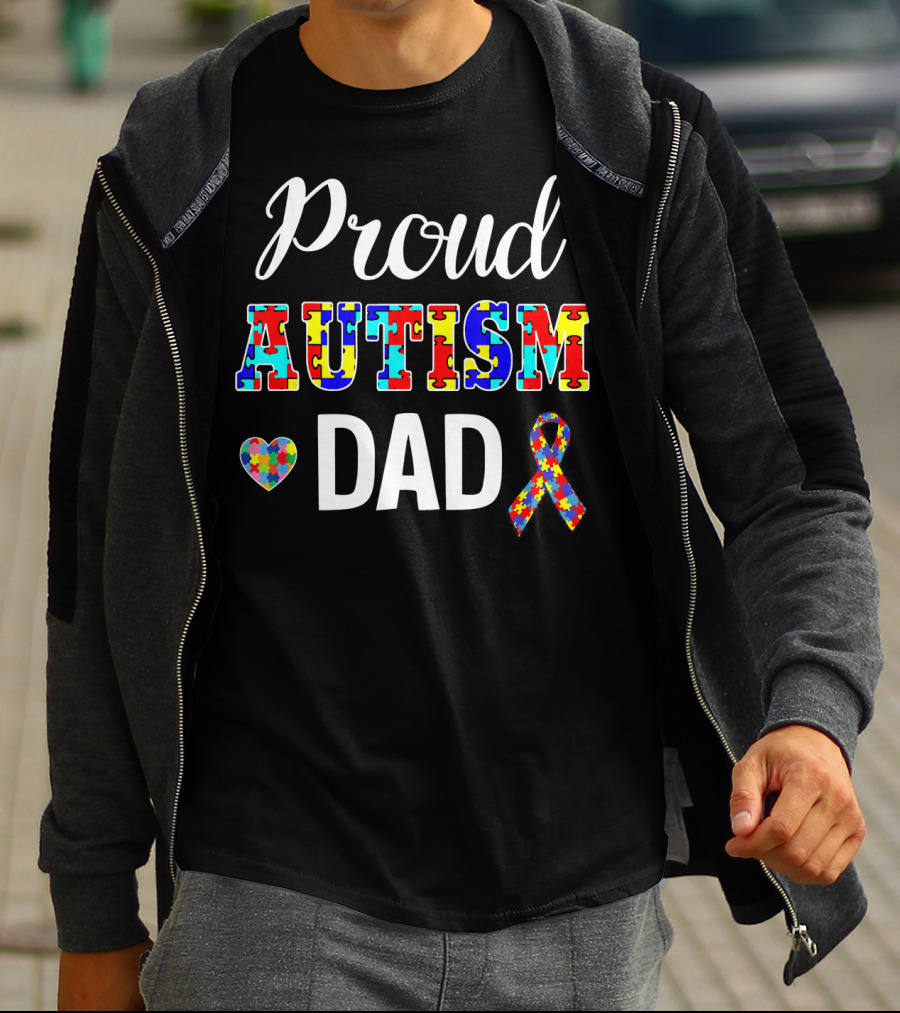 Proud Autism Dad With Puzzle Heart And Awareness T-Shirt