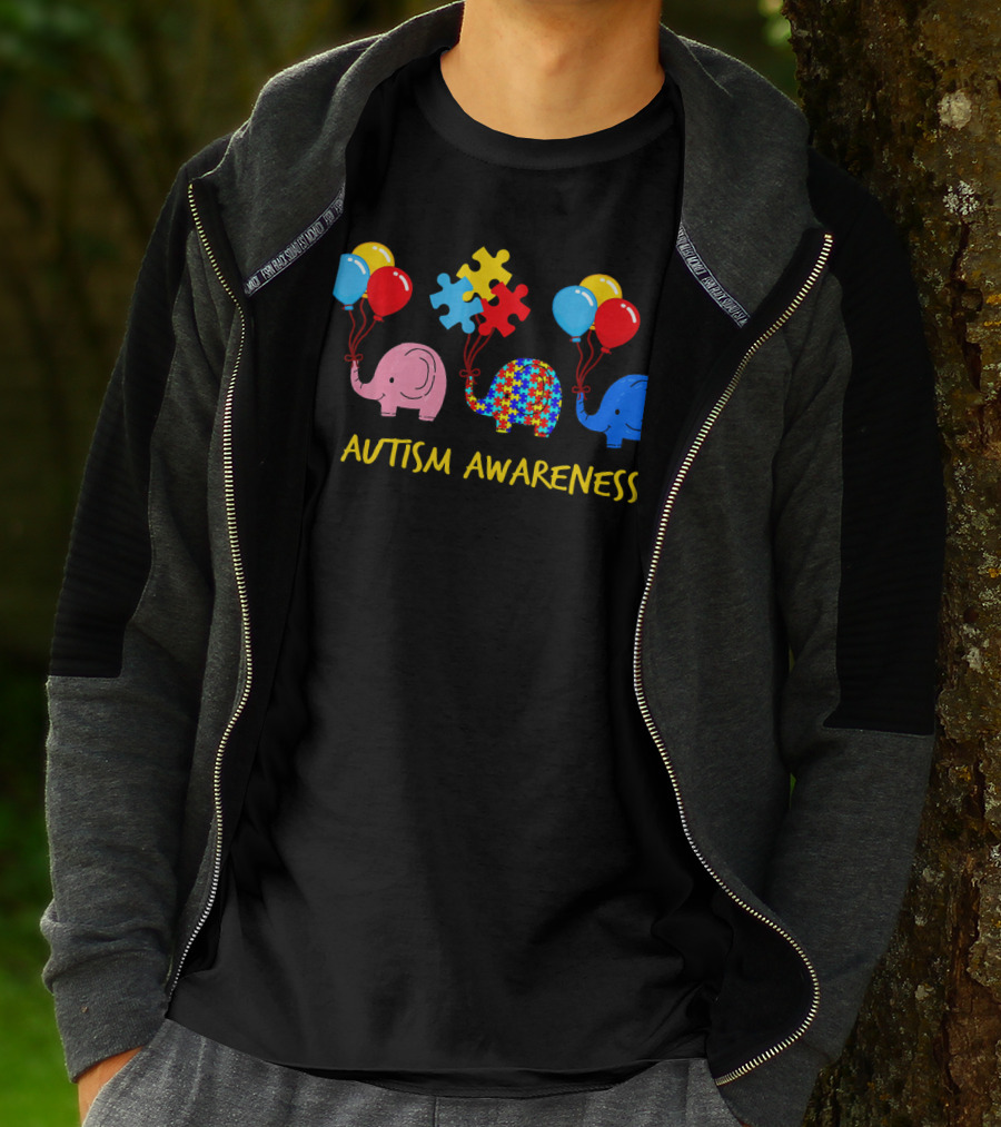 Three Elephants Autism Awareness Balloons Puzzle Pieces T-Shirt