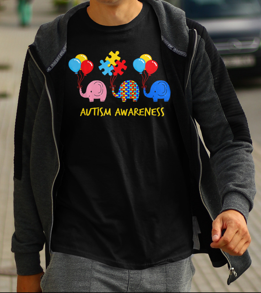 Three Elephants Autism Awareness Balloons Puzzle Pieces T-Shirt
