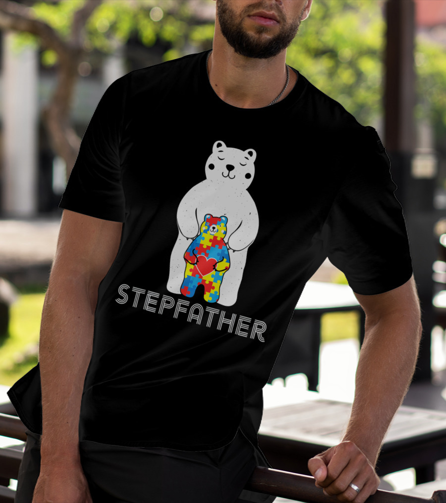 Stepfather Bear With Puzzle Pattern For Autism Awareness T-Shirt