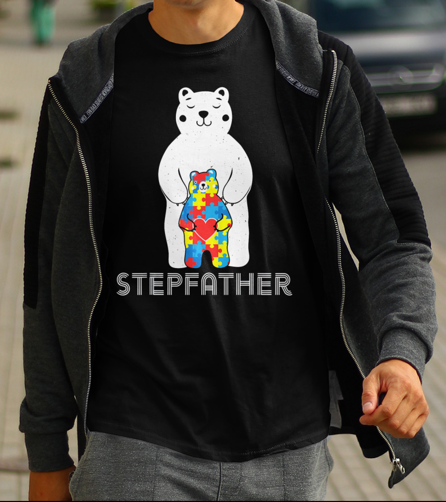 Stepfather Bear With Puzzle Pattern For Autism Awareness T-Shirt