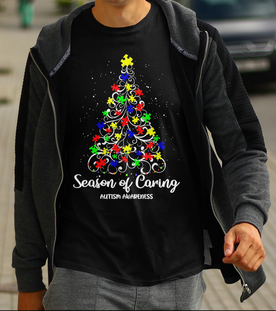 Season Of Caring Autism Awareness Puzzle Piece Christmas Tree T-Shirt
