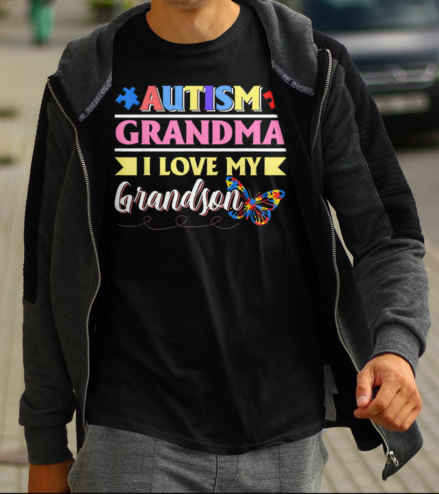 Autism Grandma I Love My Grandson Colorful Puzzle Butterfly T-Shirt