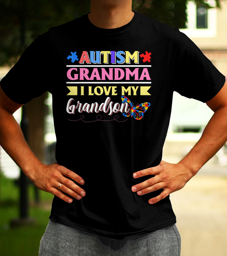 Autism Grandma I Love My Grandson Colorful Puzzle Butterfly T-Shirt