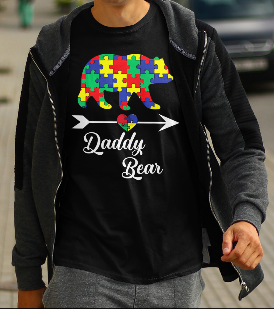 Daddy Bear Puzzle Heart Arrow Autism Awareness Dad T-Shirt