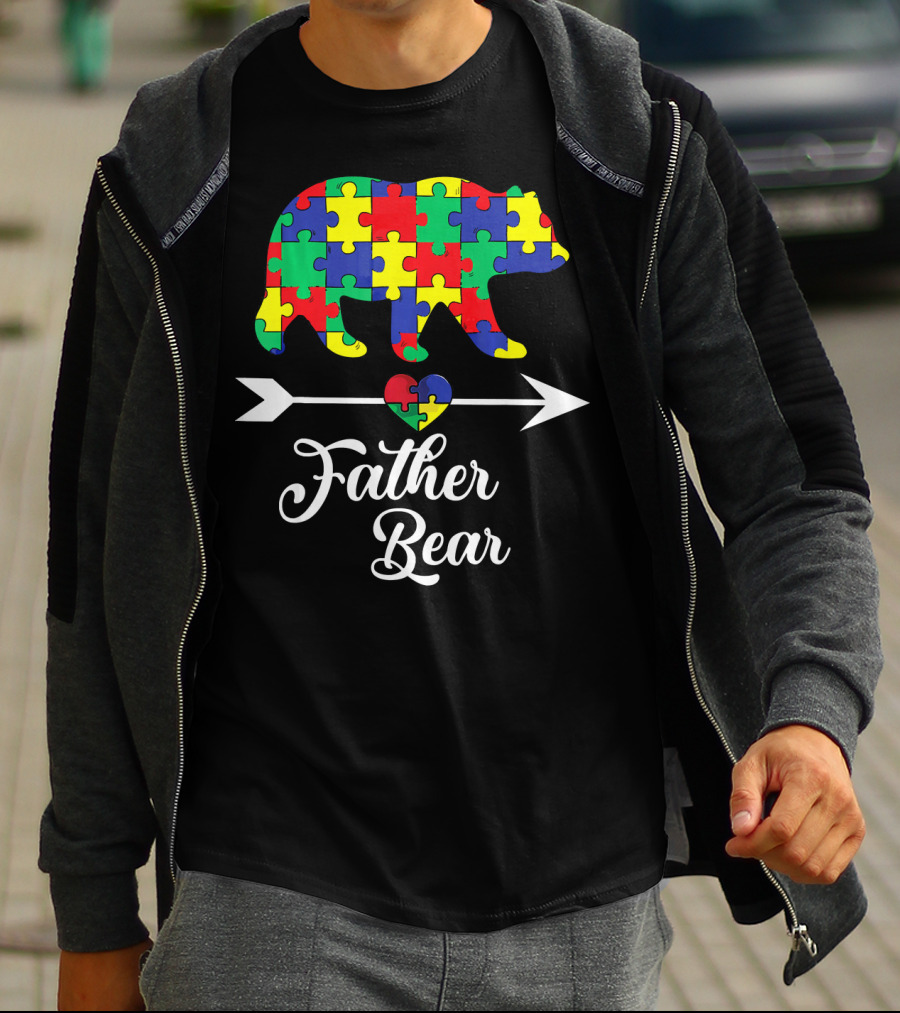 Father Bear Puzzle Autism Awareness Dad Arrow And Heart T-Shirt