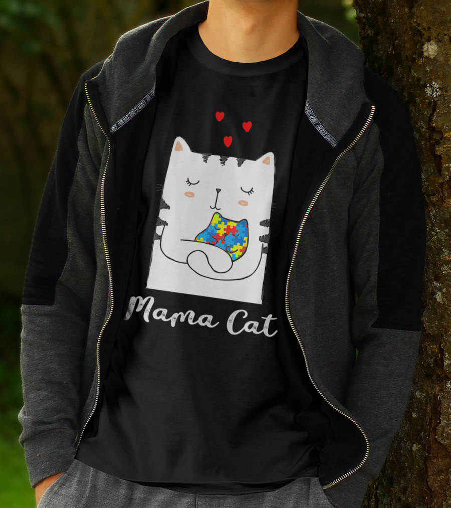 Proud Autism Awareness Mama Cat Hugging Puzzle Piece Hearts T-Shirt