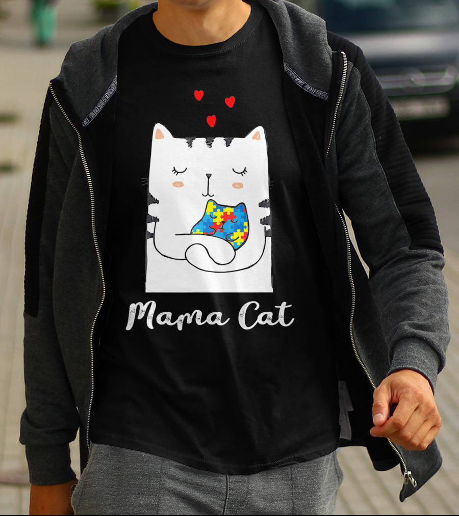 Proud Autism Awareness Mama Cat Hugging Puzzle Piece Hearts T-Shirt