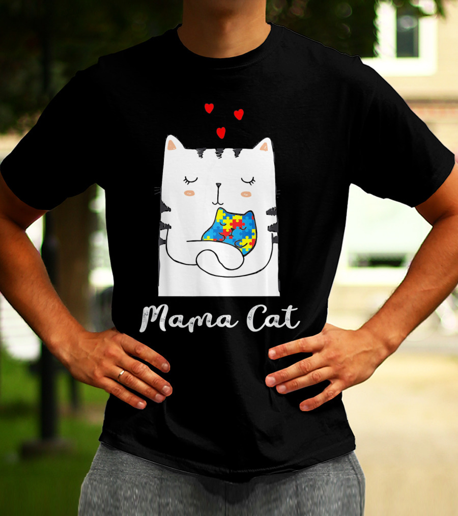 Proud Autism Awareness Mama Cat Hugging Puzzle Piece Hearts T-Shirt