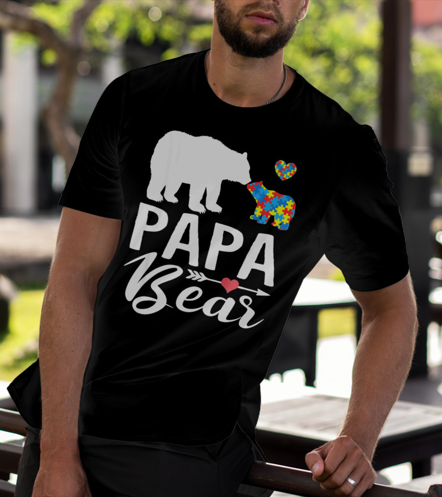 Papa Bear Autism Awareness Love Puzzle Heart Bear T-Shirt