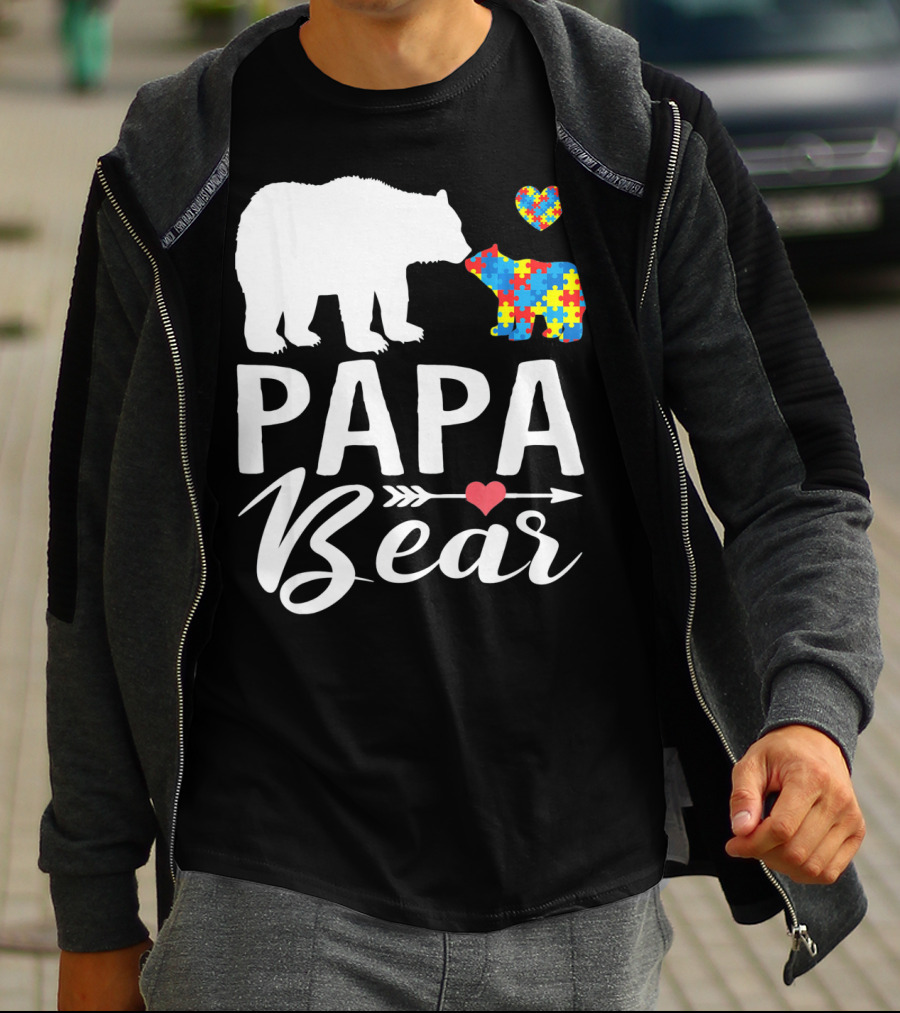 Papa Bear Autism Awareness Love Puzzle Heart Bear T-Shirt