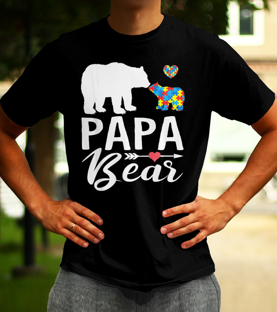 Papa Bear Autism Awareness Love Puzzle Heart Bear T-Shirt
