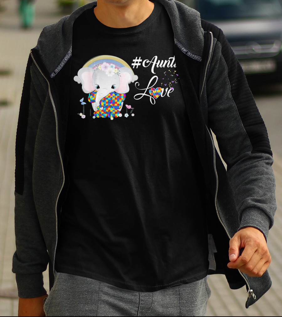 Auntie Love Autism Awareness Elephant With Colorful Puzzle Pattern And Rainbow T-Shirt