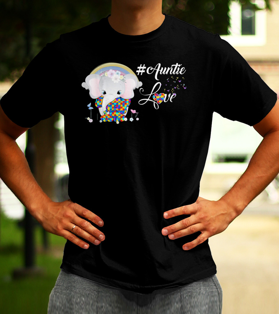Auntie Love Autism Awareness Elephant With Colorful Puzzle Pattern And Rainbow T-Shirt