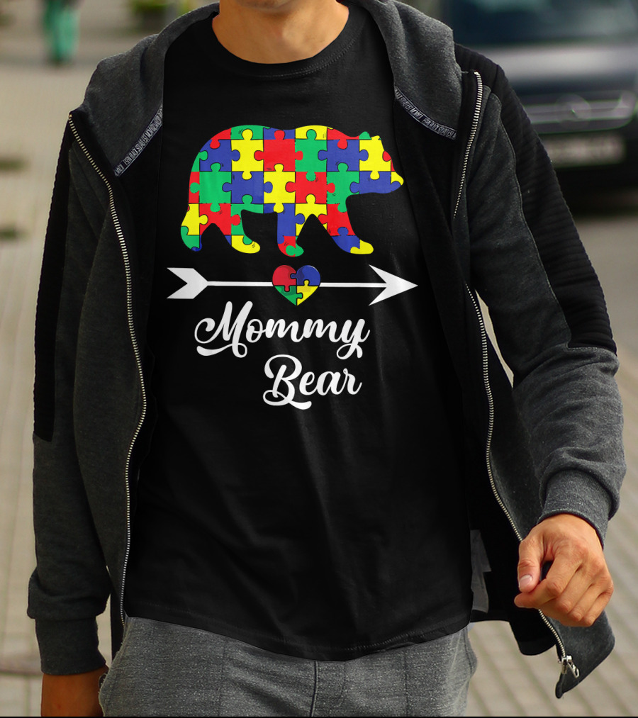 Mommy Bear With Puzzle Heart Autism Awareness T-Shirt
