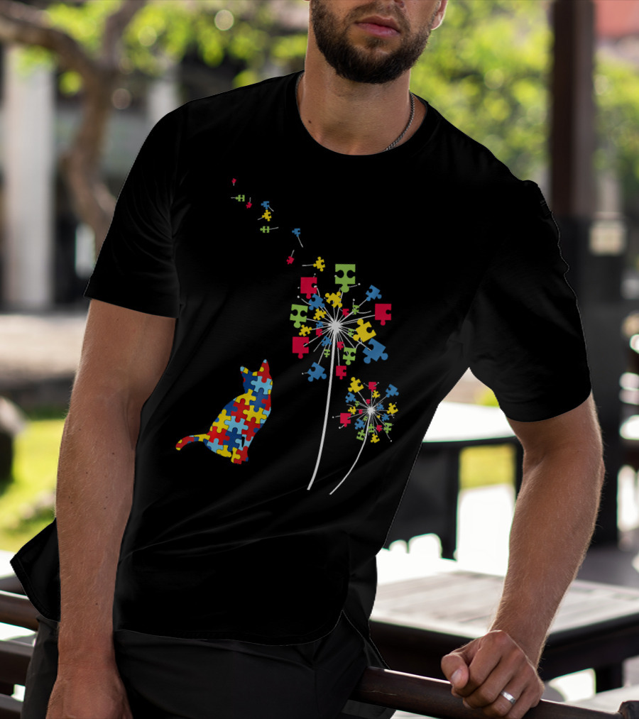 Colorful Puzzle Piece Cat And Dandelion Autism Awareness T-Shirt