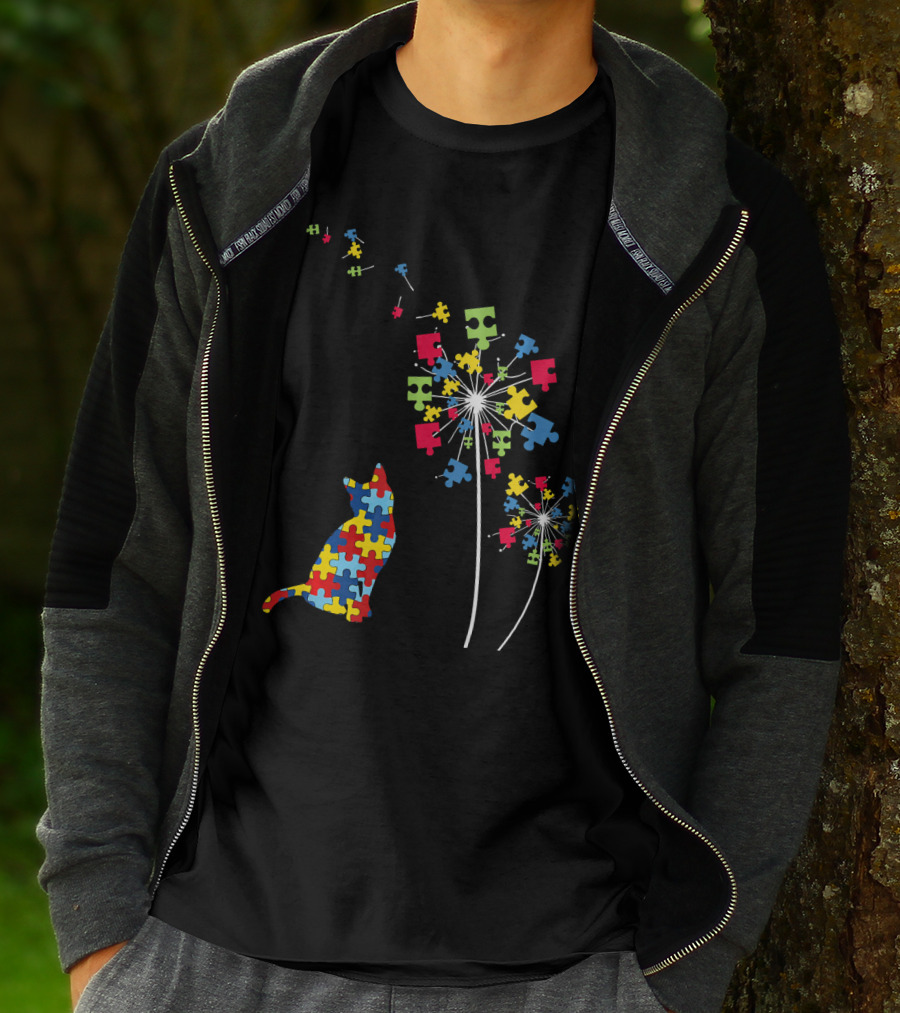 Colorful Puzzle Piece Cat And Dandelion Autism Awareness T-Shirt