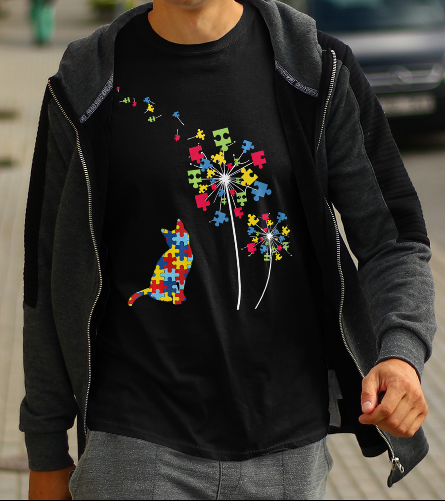 Colorful Puzzle Piece Cat And Dandelion Autism Awareness T-Shirt