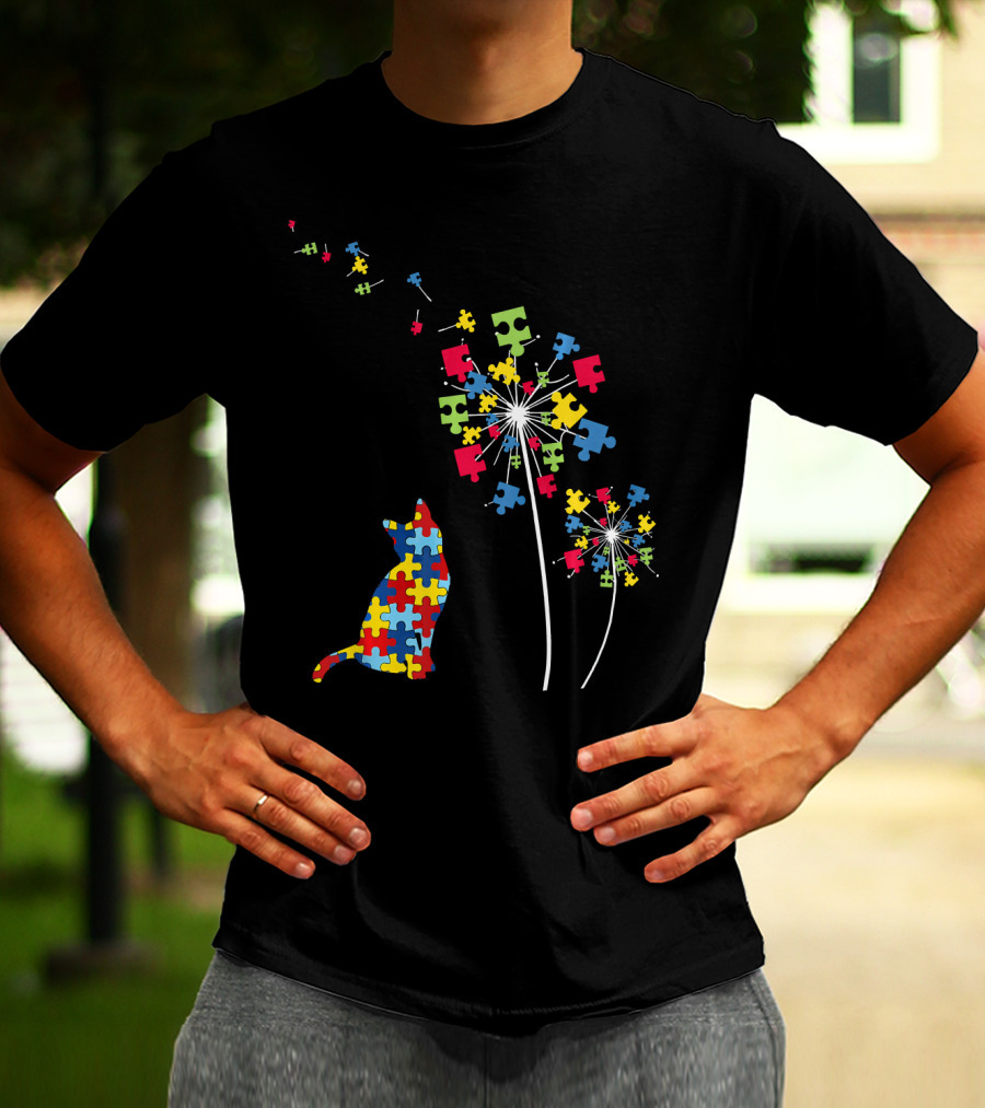 Colorful Puzzle Piece Cat And Dandelion Autism Awareness T-Shirt