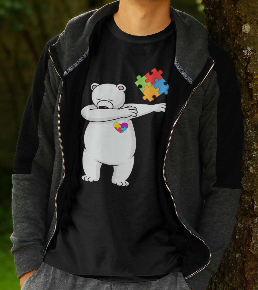 Dabbing Polar Bear Puzzle Piece Heart Autism Awareness T-Shirt