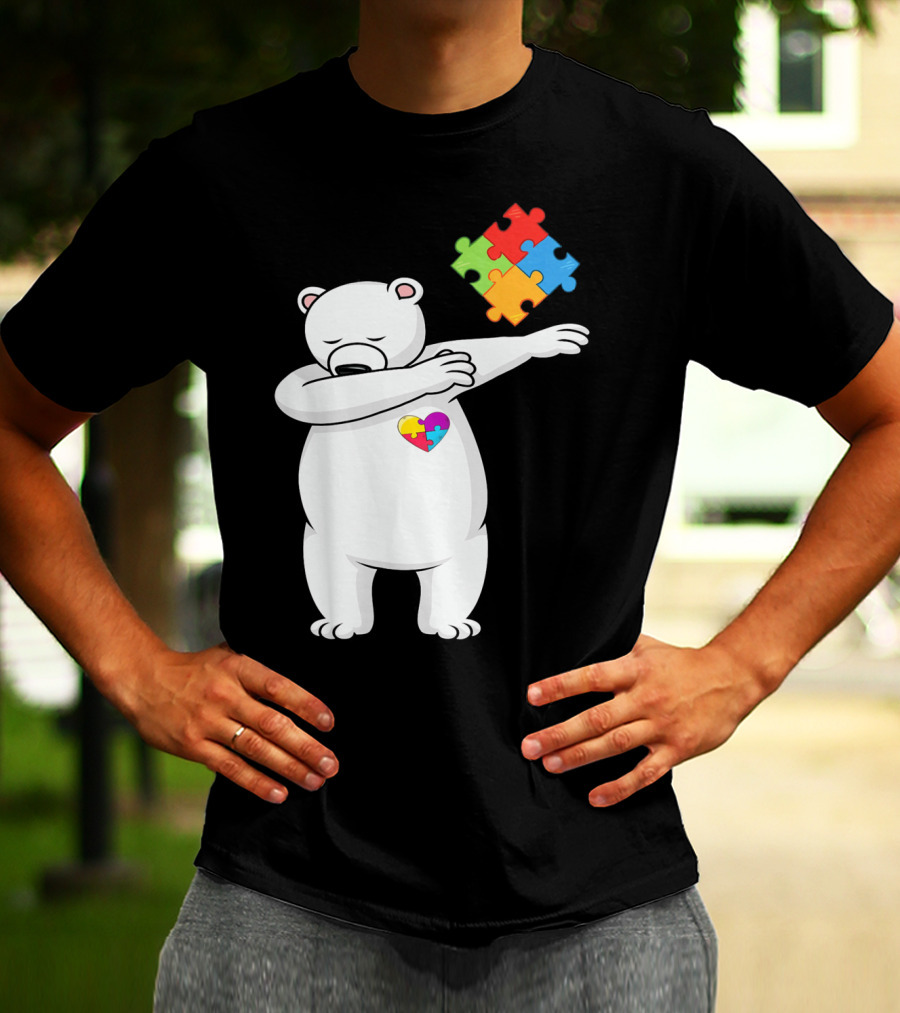 Dabbing Polar Bear Puzzle Piece Heart Autism Awareness T-Shirt
