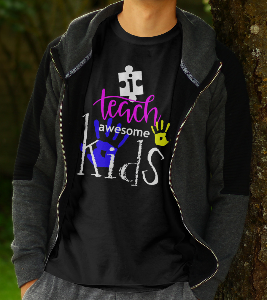 I Teach Awesome Kids Autism Puzzle Piece Handprints T-Shirt