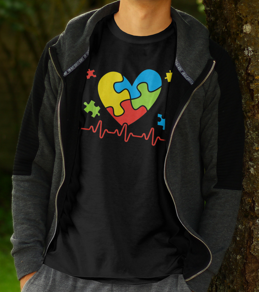 Autism Awareness Heart Puzzle Piece With Heartbeat Line T-Shirt