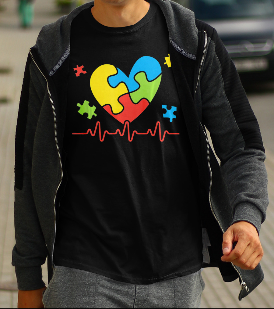 Autism Awareness Heart Puzzle Piece With Heartbeat Line T-Shirt