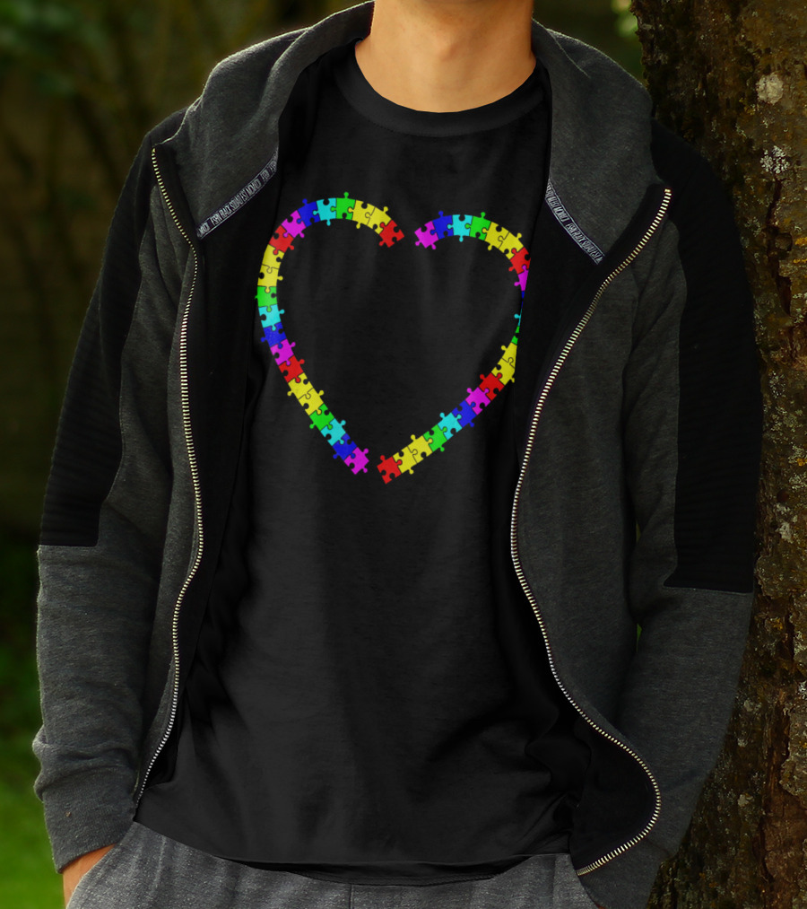 Autism Spectrum Awareness Puzzle Pieces Rainbow Heart T-Shirt