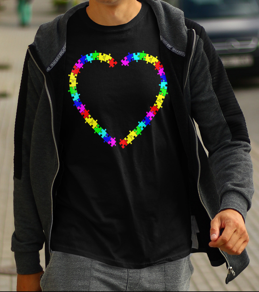 Autism Spectrum Awareness Puzzle Pieces Rainbow Heart T-Shirt