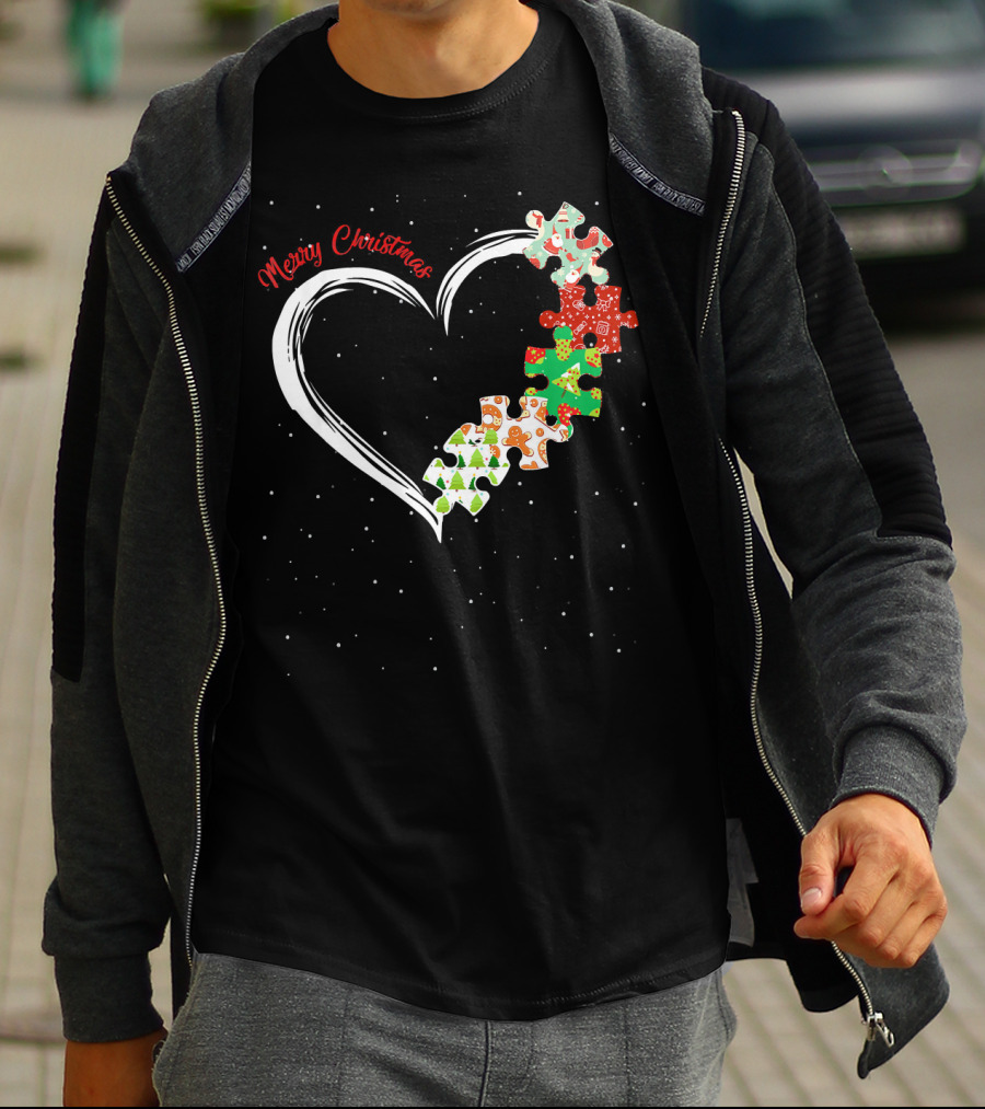 Merry Christmas Autism Awareness Heart Puzzle T-Shirt