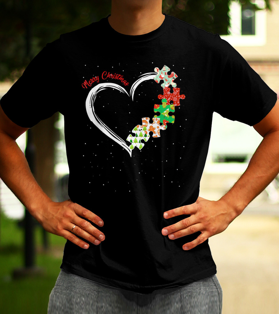 Merry Christmas Autism Awareness Heart Puzzle T-Shirt