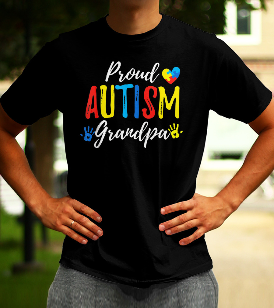 Proud Grandpa Autism Puzzle Heart Handprints T-Shirt