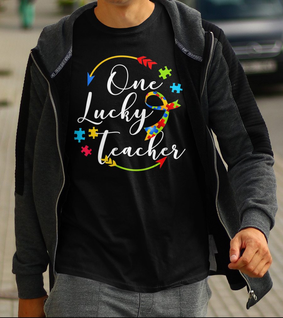 One Lucky Teacher Autism Puzzle Ribbon Arrows T-Shirt
