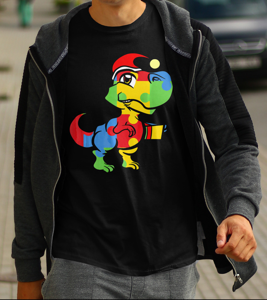 Funny Christmas Autism Awareness Santa Dinosaur Puzzle T-Shirt