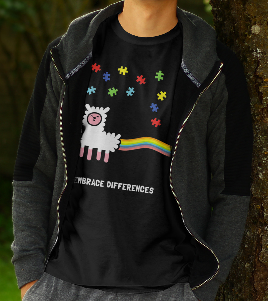 Embrace Differences Autism Awareness Llama Rainbow Puzzle Pieces T-Shirt
