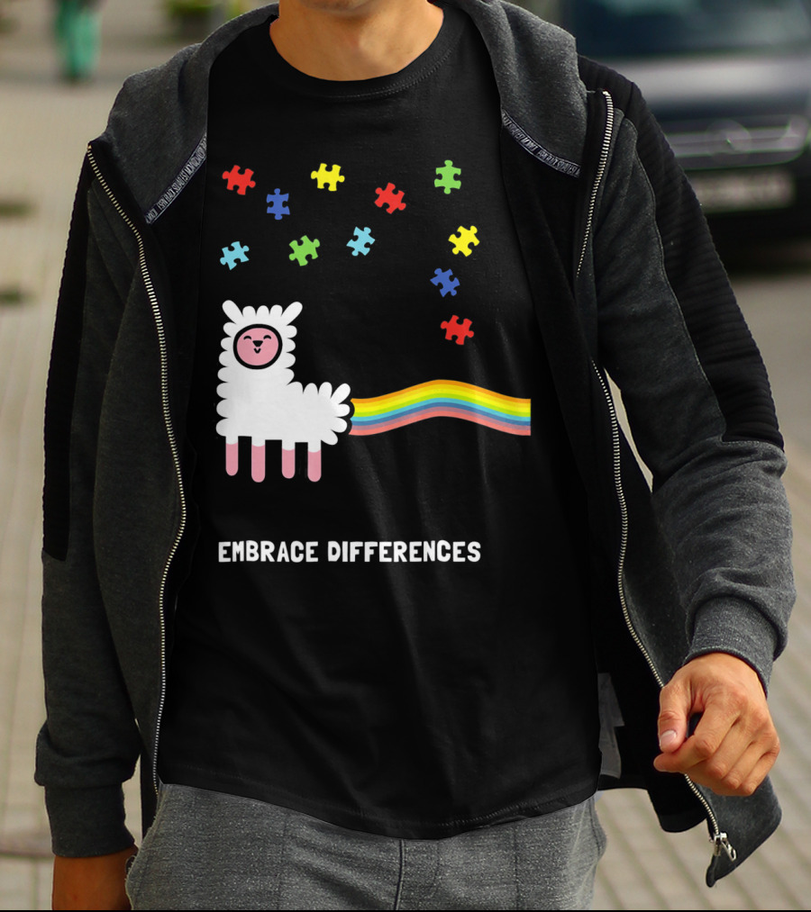 Embrace Differences Autism Awareness Llama Rainbow Puzzle Pieces T-Shirt