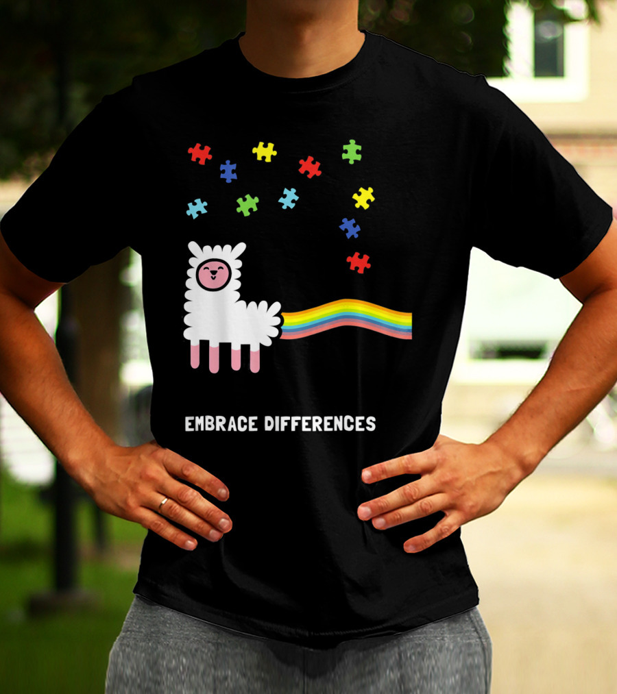 Embrace Differences Autism Awareness Llama Rainbow Puzzle Pieces T-Shirt