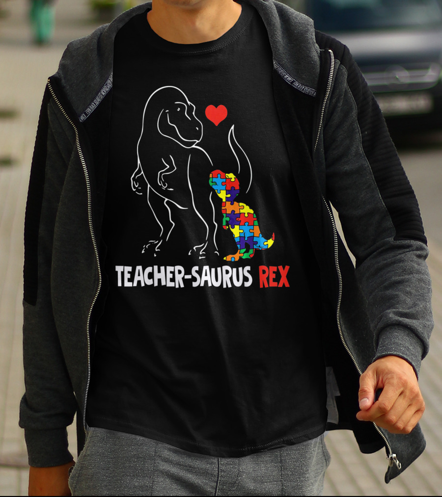Teacher Saurus Rex Dinosaur With Heart And Colorful Puzzle T-Shirt