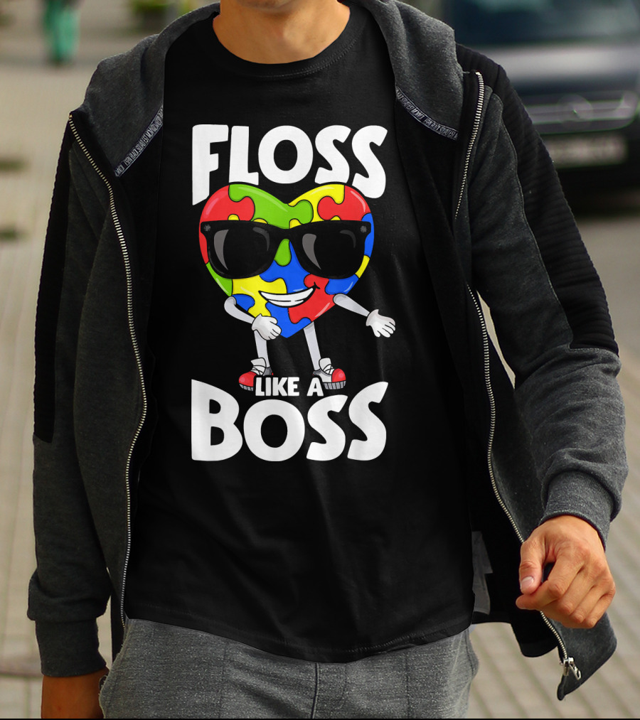 Floss Like A Boss Heart With Puzzle Autism T-Shirt