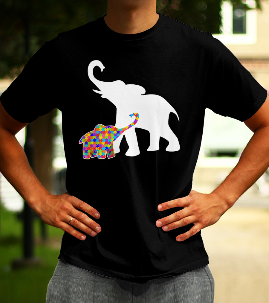 Elephant Autism Awareness Puzzle Pattern Support T-Shirt