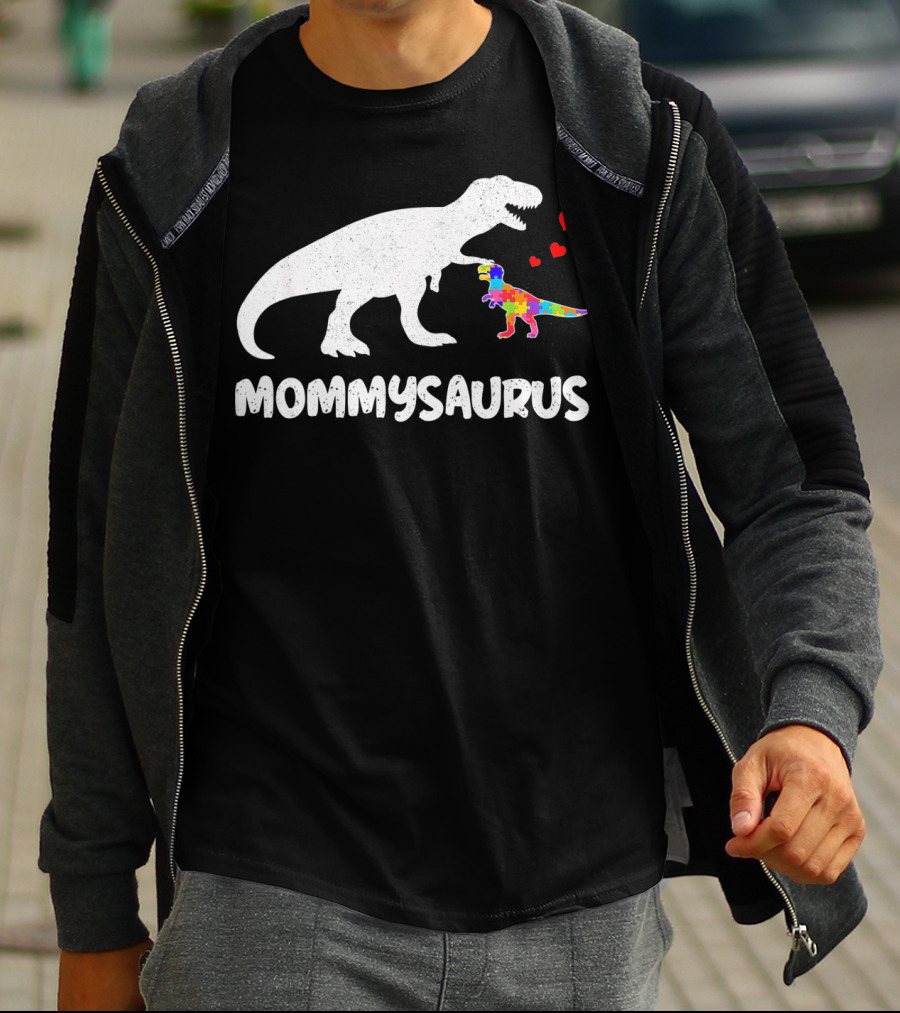 Mommysaurus Dinosaur Autism Puzzle Hearts T-Shirt