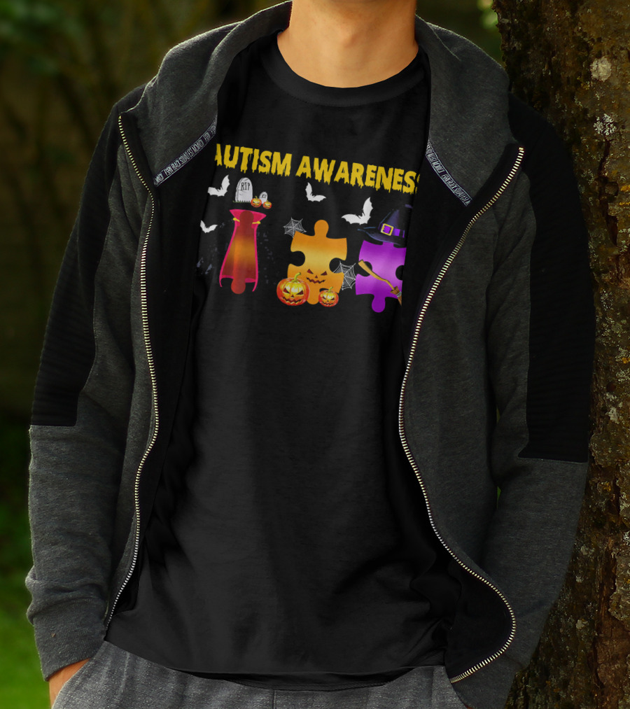 Autism Awareness Halloween Puzzle Pieces With Witch Hat Bats And Pumpkins T-Shirt