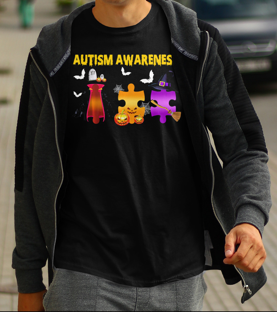 Autism Awareness Halloween Puzzle Pieces With Witch Hat Bats And Pumpkins T-Shirt