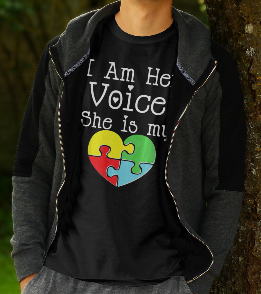 I Am Her Voice She Is My Heart Autism Puzzle Heart T-Shirt