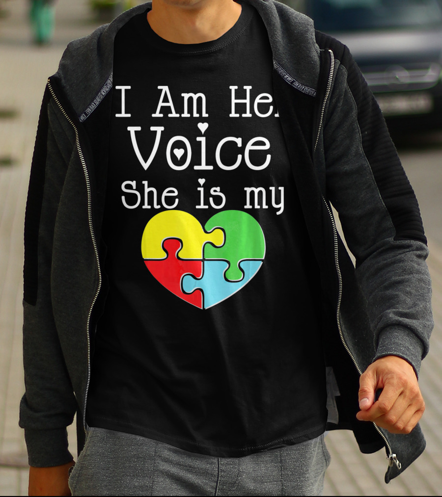 I Am Her Voice She Is My Heart Autism Puzzle Heart T-Shirt